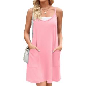 Zeagoo Women Summer Dresses Casual Beach Vacation Dress Spaghetti Strap Sundress Sleeveless Mini Short Dress with Pockets(Pink)