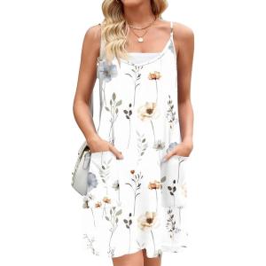 Zeagoo Women Summer Dresses Casual Beach Vacation Dress Spaghetti Strap Sundress Sleeveless Mini Short Dress with Pockets(White-print)