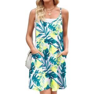 Zeagoo Women Summer Dresses Casual Beach Vacation Dress Spaghetti Strap Sundress Sleeveless Mini Short Dress with Pockets(Yellow Green Leaf)