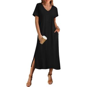 Zeagoo Women Summer Floral Dress Short Sleeve Beach Dress with Pockets Casual V-Neck Split Long T-Shirt Dress Travel Vacation(Black)