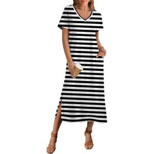 Zeagoo Women Summer Floral Dress Short Sleeve Beach Dress with Pockets Casual V-Neck Split Long T-Shirt Dress Travel Vacation(Black White Stripe)