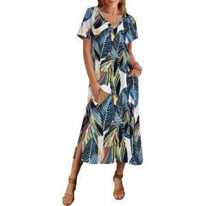 Zeagoo Women Summer Floral Dress Short Sleeve Beach Dress with Pockets Casual V-Neck Split Long T-Shirt Dress Travel Vacation(Green Leaf)