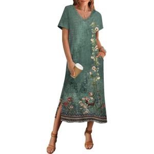 Zeagoo Women Summer Floral Dress Short Sleeve Beach Dress with Pockets Casual V-Neck Split Long T-Shirt Dress Travel Vacation(Green Printed)