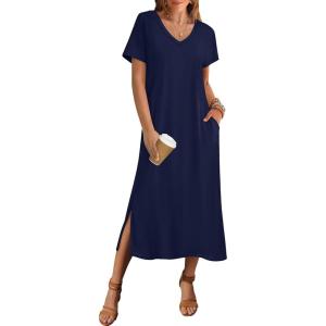 Zeagoo Women Summer Floral Dress Short Sleeve Beach Dress with Pockets Casual V-Neck Split Long T-Shirt Dress Travel Vacation(Navy Blue)