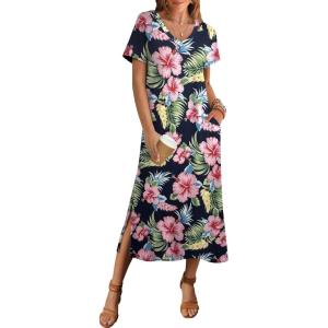 Zeagoo Women Summer Floral Dress Short Sleeve Beach Dress with Pockets Casual V-Neck Split Long T-Shirt Dress Travel Vacation(Navy Leaf)