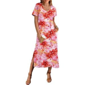Zeagoo Women Summer Floral Dress Short Sleeve Beach Dress with Pockets Casual V-Neck Split Long T-Shirt Dress Travel Vacation(Pink-floral)