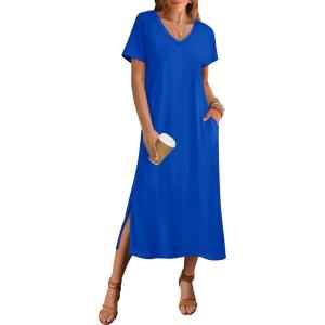 Zeagoo Women Summer Floral Dress Short Sleeve Beach Dress with Pockets Casual V-Neck Split Long T-Shirt Dress Travel Vacation(Royal Blue)