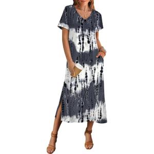 Zeagoo Women Summer Floral Dress Short Sleeve Beach Dress with Pockets Casual V-Neck Split Long T-Shirt Dress Travel Vacation(Stripe Tie Dye 2)