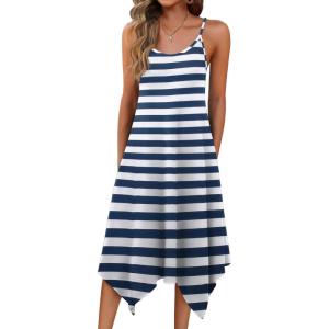 Zeagoo Women Summer Midi Dresses 2026 Hawaiian Bohemian Beach Cover Up Sundress Spaghetti Strap Casual Dress with Pockets(Blue Stripes)