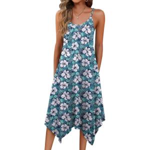 Zeagoo Women Summer Midi Dresses 2026 Hawaiian Bohemian Beach Cover Up Sundress Spaghetti Strap Casual Dress with Pockets(Floral Blue)