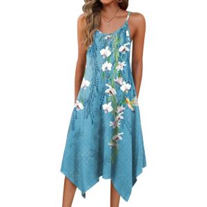 Zeagoo Women Summer Midi Dresses 2026 Hawaiian Bohemian Beach Cover Up Sundress Spaghetti Strap Casual Dress with Pockets(Floral Light Blue)