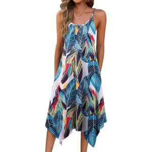 Zeagoo Women Summer Midi Dresses 2026 Hawaiian Bohemian Beach Cover Up Sundress Spaghetti Strap Casual Dress with Pockets(Green Leaf)
