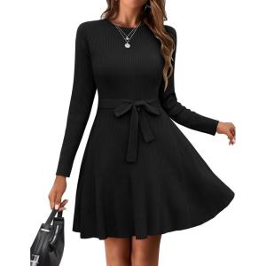 Zeagoo Women’s 2024 Casual Dress Crewneck Tie Waist Fall Ribbed Dress with Belt Long Sleeve A Line Flowy Sweater Dress(Black)