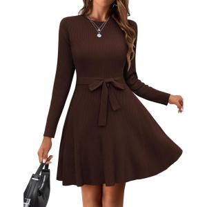 Zeagoo Women’s 2024 Casual Dress Crewneck Tie Waist Fall Ribbed Dress with Belt Long Sleeve A Line Flowy Sweater Dress(Brown)