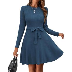 Zeagoo Women’s 2024 Casual Dress Crewneck Tie Waist Fall Ribbed Dress with Belt Long Sleeve A Line Flowy Sweater Dress(Dark Blue)