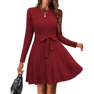 Zeagoo Women’s 2024 Casual Dress Crewneck Tie Waist Fall Ribbed Dress with Belt Long Sleeve A Line Flowy Sweater Dress(Dark Red)