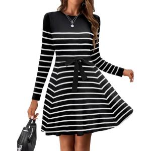 Zeagoo Women’s 2024 Casual Dress Crewneck Tie Waist Fall Ribbed Dress with Belt Long Sleeve A Line Flowy Sweater Dress(Striped Black White)