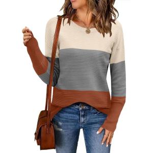 Zeagoo Women’s 2025 Fall Sweaters Casual Long Sleeve Crew Neck Ribbed Knit Side Slit Pullover Sweater(Gray&orange)