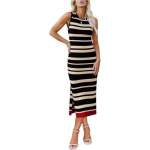 Zeagoo Womens Bodycon Midi Dresses Summer Casual Sleeveless Dress Women Knit Side Slit Striped 2025 Long Tank Dress(Black- light Khaki)