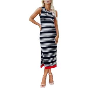 Zeagoo Womens Bodycon Midi Dresses Summer Casual Sleeveless Dress Women Knit Side Slit Striped 2025 Long Tank Dress(Black-white)