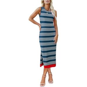 Zeagoo Womens Bodycon Midi Dresses Summer Casual Sleeveless Dress Women Knit Side Slit Striped 2025 Long Tank Dress(Blue-white)