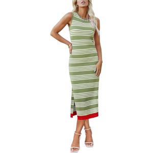 Zeagoo Womens Bodycon Midi Dresses Summer Casual Sleeveless Dress Women Knit Side Slit Striped 2025 Long Tank Dress(Green-white)
