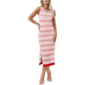 Zeagoo Womens Bodycon Midi Dresses Summer Casual Sleeveless Dress Women Knit Side Slit Striped 2025 Long Tank Dress(Pink-white)