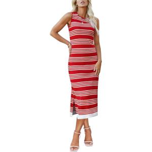 Zeagoo Womens Bodycon Midi Dresses Summer Casual Sleeveless Dress Women Knit Side Slit Striped 2025 Long Tank Dress(Red-white)