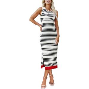 Zeagoo Womens Bodycon Midi Dresses Summer Casual Sleeveless Dress Women Knit Side Slit Striped 2025 Long Tank Dress(White-black)