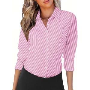 Zeagoo Womens Button Down Shirts Long Sleeve V Neck Tops Wrinkle Free Collared Work Office Solid Blouses Corset Tops(Pink Stripe)