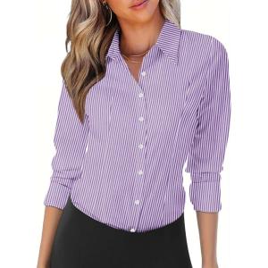 Zeagoo Womens Button Down Shirts Long Sleeve V Neck Tops Wrinkle Free Collared Work Office Solid Blouses Corset Tops(Purple Stripe)