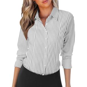 Zeagoo Womens Button Down Shirts Long Sleeve V Neck Tops Wrinkle Free Collared Work Office Solid Blouses Corset Tops(Wide Grey Stripe)