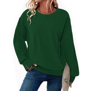 Zeagoo Women’s Casual Sweatshirts Crewneck Long Sleeve Fuzzy Fleece Jackets Side Slit Midweight Pullover Fall Fashion 2025(01-green)