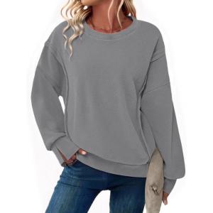 Zeagoo Women’s Casual Sweatshirts Crewneck Long Sleeve Fuzzy Fleece Jackets Side Slit Midweight Pullover Fall Fashion 2025(Grey)