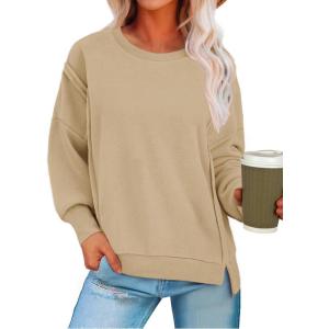 Zeagoo Women’s Casual Sweatshirts Crewneck Long Sleeve Fuzzy Fleece Jackets Side Slit Midweight Pullover Fall Fashion 2025(Khaki)