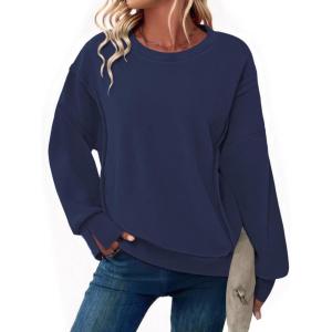 Zeagoo Women’s Casual Sweatshirts Crewneck Long Sleeve Fuzzy Fleece Jackets Side Slit Midweight Pullover Fall Fashion 2025(Navy Blue 02)