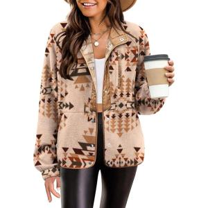 Zeagoo Women’s Cozy Fleece Jacket Western Aztec Print Snap Button Down Coat with Pockets Casual Warm Outwear 2026(Apricot Pattern)