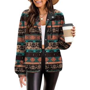 Zeagoo Women’s Cozy Fleece Jacket Western Aztec Print Snap Button Down Coat with Pockets Casual Warm Outwear 2026(Black)