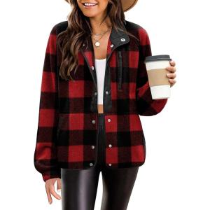 Zeagoo Women’s Cozy Fleece Jacket Western Aztec Print Snap Button Down Coat with Pockets Casual Warm Outwear 2026(Black Plaid)
