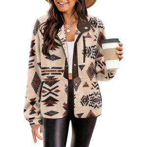 Zeagoo Women’s Cozy Fleece Jacket Western Aztec Print Snap Button Down Coat with Pockets Casual Warm Outwear 2026(Khaki)