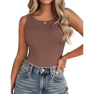 Zeagoo Womens Double Lined Crew Neck Tank Tops Cute Summer Sleeveless Workout Tops Basic Going Out Clothes 2026(Brown)