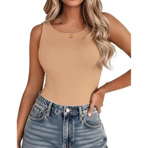 Zeagoo Womens Double Lined Crew Neck Tank Tops Cute Summer Sleeveless Workout Tops Basic Going Out Clothes 2026(Khaki)