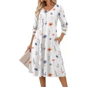 Zeagoo Women’s Dresses 3/4 Sleeve Summer Casual V-Neck A Line Flowy Eyelet Midi Dress for Women Beach Vacation Sundress(Dh950)
