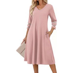 Zeagoo Women’s Dresses 3/4 Sleeve Summer Casual V-Neck A Line Flowy Eyelet Midi Dress for Women Beach Vacation Sundress(Jh1)
