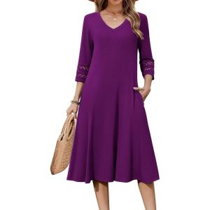 Zeagoo Women’s Dresses 3/4 Sleeve Summer Casual V-Neck A Line Flowy Eyelet Midi Dress for Women Beach Vacation Sundress(Purple)