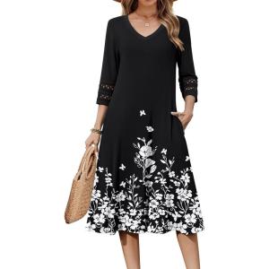 Zeagoo Women’s Dresses 3/4 Sleeve Summer Casual V-Neck A Line Flowy Eyelet Midi Dress for Women Beach Vacation Sundress(Sf100)
