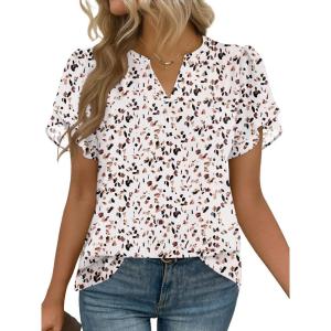 Zeagoo Womens Dressy Casual Shirts Short Sleeve V Neck Work Blouse Business Casual Summer Chiffon Tops(Beige Print)