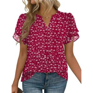 Zeagoo Womens Dressy Casual Shirts Short Sleeve V Neck Work Blouse Business Casual Summer Chiffon Tops(Berryflake)