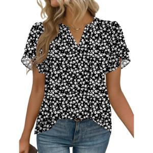 Zeagoo Womens Dressy Casual Shirts Short Sleeve V Neck Work Blouse Business Casual Summer Chiffon Tops(Black Floral)