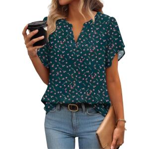 Zeagoo Womens Dressy Casual Shirts Short Sleeve V Neck Work Blouse Business Casual Summer Chiffon Tops(Dark Green Floral)